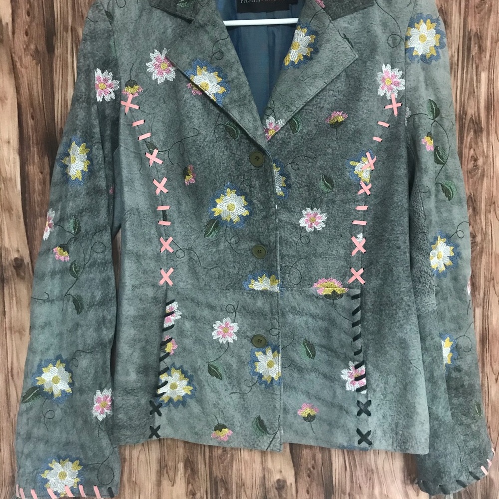 Pasha veneto suede leather jacket floral accents